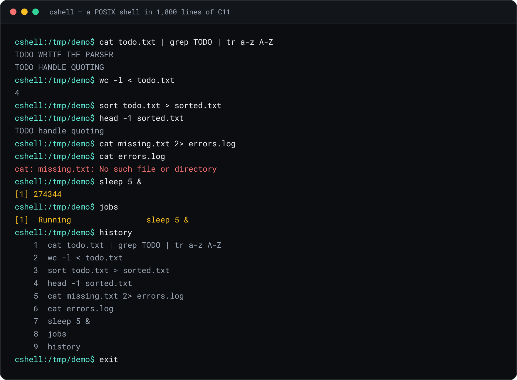 A real cshell session showing pipelines, stdout and stderr redirection, a background job with jobs output, and history