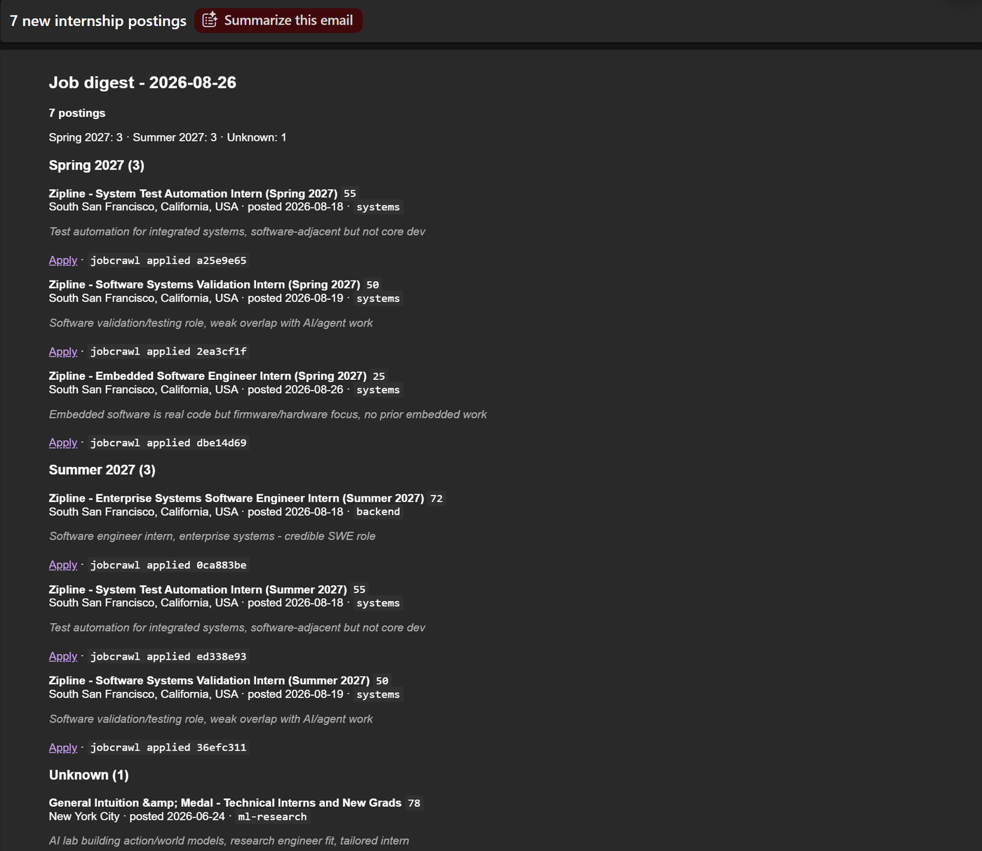 A real jobcrawl digest email: seven new internship postings grouped by season, each with a score, location, posted date, role tag, a one-line reasoning note, and an apply link
